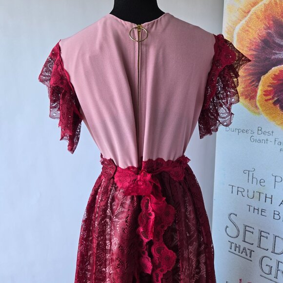 Burgundy Rose Dress Bejewelled Crystal and Velvet Millinery Roses OOAK - Sz Sm - Picture 5 of 8